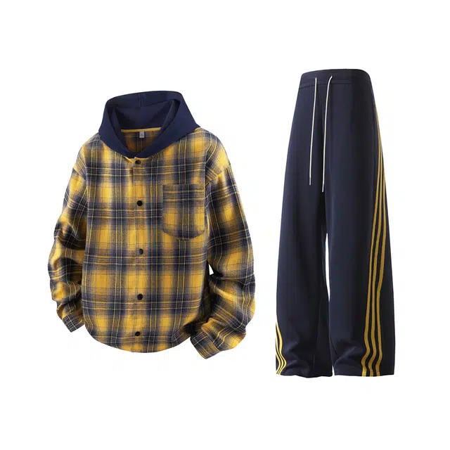 【格纹三条杠免搭配一套】布客行 美式复古高街港风国潮老钱运动舒适时尚长袖连帽重磅慵懒垂感弯刀直筒卫裤长裤子衬衫套装 男女同款