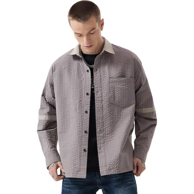 逆腾 秋季立体格纹拼接衬衣外套男宽松男士抗皱百搭休闲长袖衬衫 男女同款