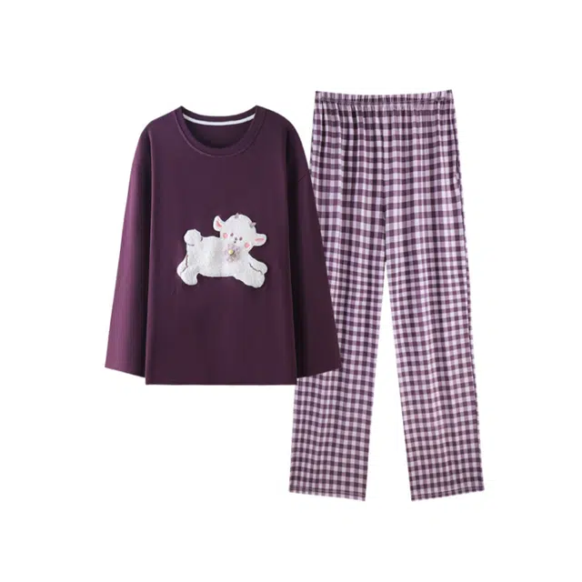 米囹 圆领长袖家居服秋季女可爱卡通格子可外穿两件套睡衣套装 女款