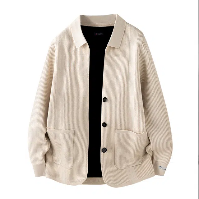 暴走的萝莉 美式复古潮流简约基础款品牌车标纯色竖纹口袋设计休闲宽松日常通勤单排扣翻领针织衫 男女同款