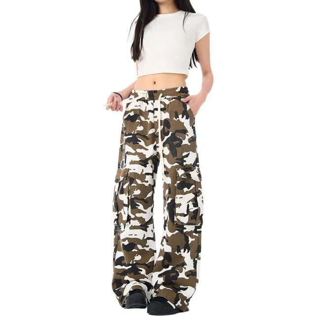如续 美式迷彩多口袋抽绳系带设计感宽松休闲阔腿长裤时尚个性辣妹拖地工装裤 女款