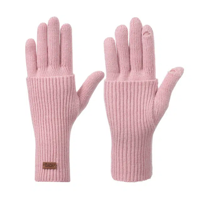 【两件叠戴 可拆分】 俞兆林 针织毛线韩版冬季保暖含羊毛防寒露指可触屏户外骑行开车御寒防冻 加厚 绒线手套 女款