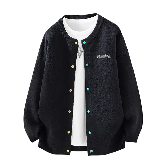 【开衫宝石单排扣设计】赫赫良衣 美式复古痞帅高街纯色圆领上衣休闲舒适保暖宽松日常通勤时尚百搭小众高级感韩系潮牌针织衫外套 男女同款