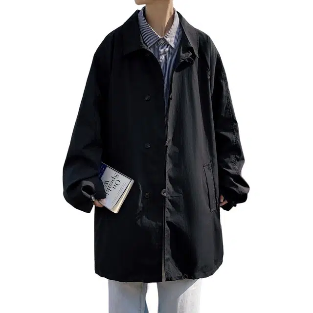 左岸  日系复古时尚潮流百搭纯色开衫翻领上衣休闲宽松舒适防风外套春秋季单排盘扣中长款风衣 男款