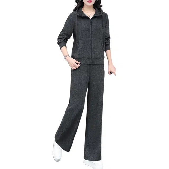 缪斯的诱惑 美式复古潮流早秋日常整套穿搭纯色拉链开衫外套夹克百搭阔腿裤两件套显瘦显高洋气减龄优雅气质时尚长袖卫衣运动休闲套装 女款