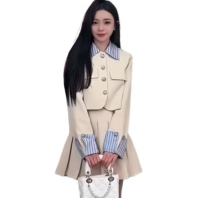 纤丝鸟 小香风短超显白撞色拼接气质上衣百褶裙子两件套法式裙装套装 女款