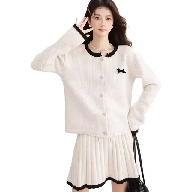 纤丝鸟 法式小香风时尚毛衣开衫针织百褶裙两件套裙装套装 女款