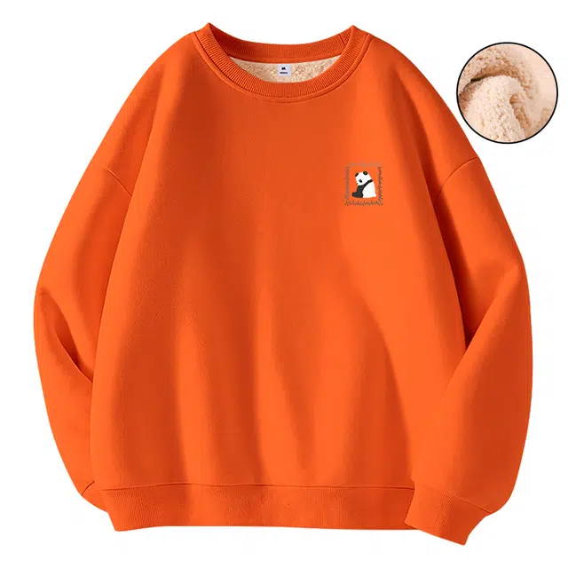 棉致 毛绒熊猫简约纯色羊羔绒加绒加厚无性别主义美式舒适细腻宽松落肩保暖休闲圆领长袖卫衣 男女同款