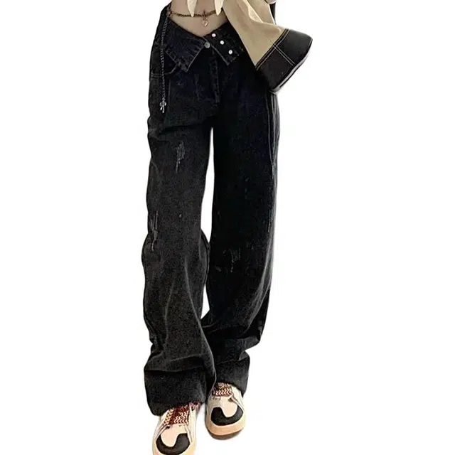 如续 美式复古水洗辣妹设计感宽松显瘦直筒阔腿牛仔裤 女款