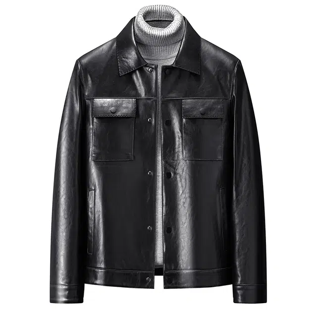 袋鼠 港风经典款式复古机车风亮面羊皮简约宽松百搭纯色保暖透气翻领耐磨耐穿休闲轻奢皮衣 男女同款