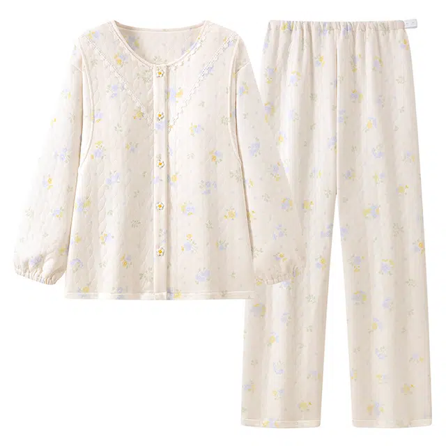 宫蝶 月子服带胸垫产后哺乳家居服长袖夹层棉产妇可调节腰围保暖睡衣套装 女款