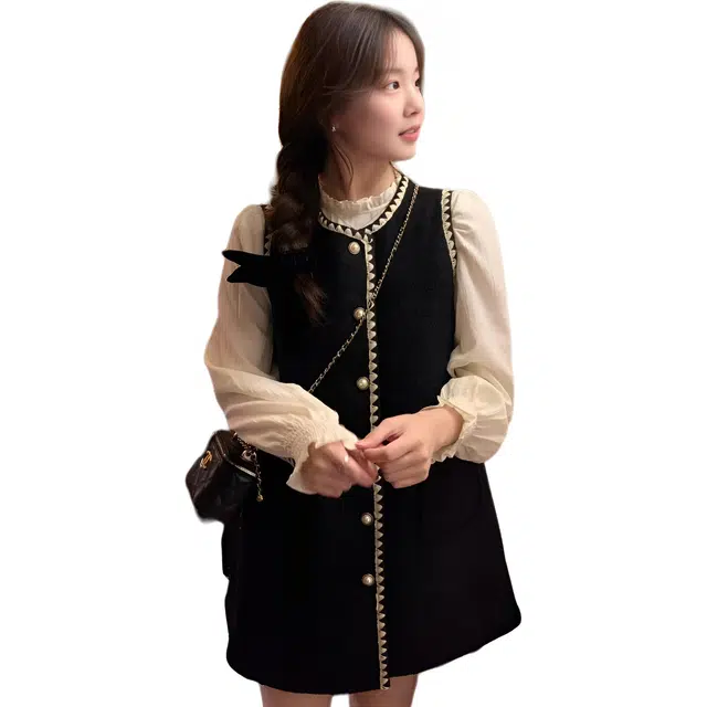 纤丝鸟 优雅气质连衣裙无袖马甲背心裙小香风法式休闲显瘦裙装套装 女款