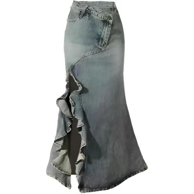 米囹 美式复古不规则中长款波浪开叉鱼尾裙适中牛仔半身裙 春秋