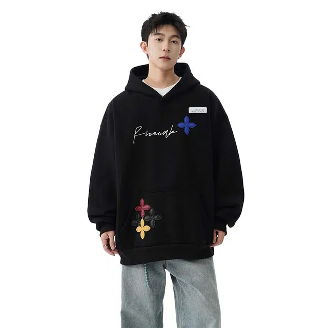 艾梵斯贝 美式复古潮流小众设计款重工贴片刺绣加厚无性别日常通勤百搭宽松休闲时尚高街风潮酷情侣款连帽卫衣 男女同款