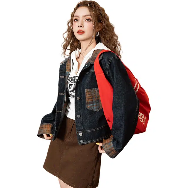 法文箱子 复古春秋格子常规长袖翻领休闲牛仔外套 女款