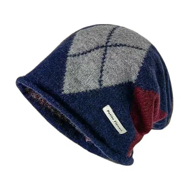 艾佳微 复古时尚菱形格子堆堆帽子秋冬季时尚保暖大头围套头防风 腈纶 绒线帽 男女同款情侣款