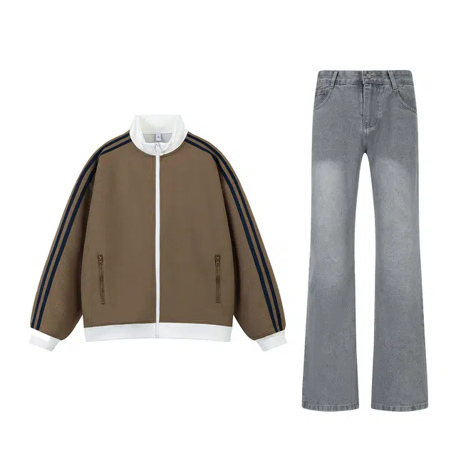 【经典两条杠牛仔一套免搭配】布客行 美式复古高街老钱轻奢港风布拉格开衫外套舒适时尚水洗做旧柳叶弯刀微喇长裤休闲运动套装 男女同款