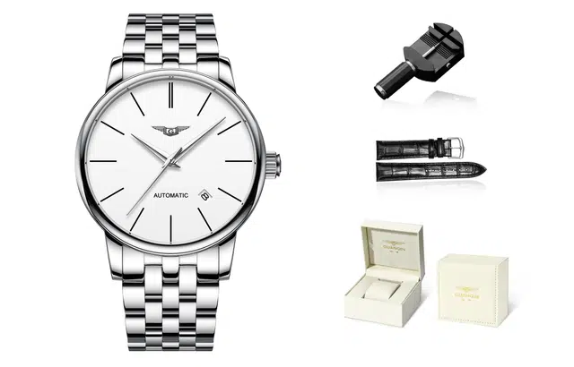 冠琴 简约时尚高颜值男士手表商务腕表 自动机械机芯 金属表带 国表 男表 白色表盘 礼盒包装防水