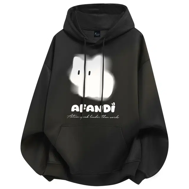 阿凡迪 美式复古街头简约基础创意幻影眩晕卡通猫咪字母印花宽松舒适休闲百搭时尚潮流通勤无性别主义抽绳长袖连帽卫衣 男女同款