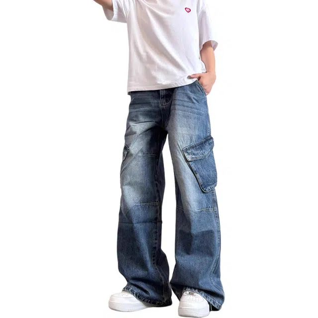 如续 美式复古阔腿工装风长裤直筒潮牌高街休闲多口袋宽松牛仔裤 男女同款