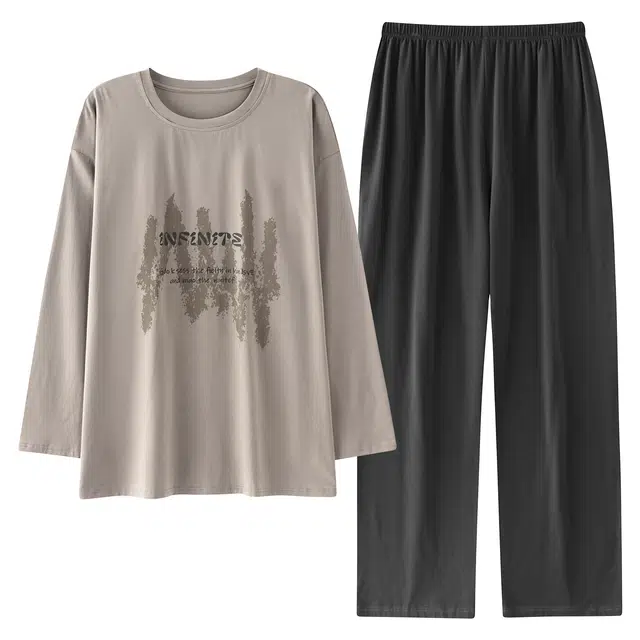 俏霓桐 时尚宽松休闲简约圆领轻奢舒适个性长袖长裤家居服可外穿睡衣套装 男款