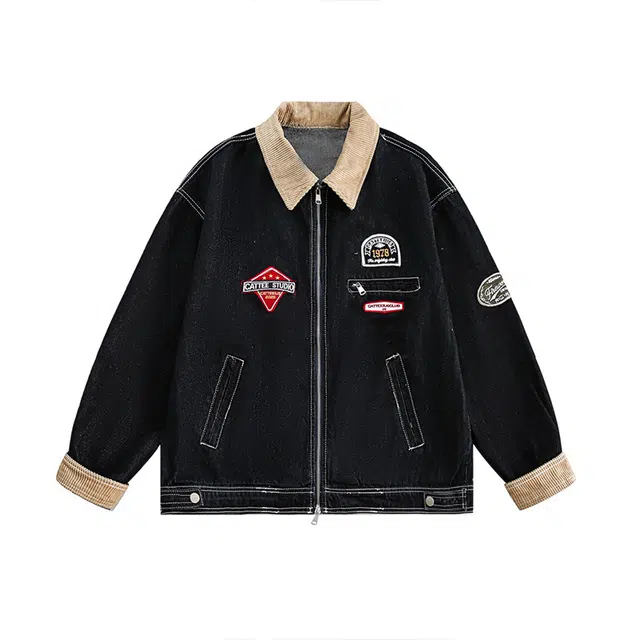 一碗士多 复古简约纯色拼接明显设计美式高街干练痞帅拉链感撞色拍照百搭小众翻领落肩袖外套夹克 男女同款