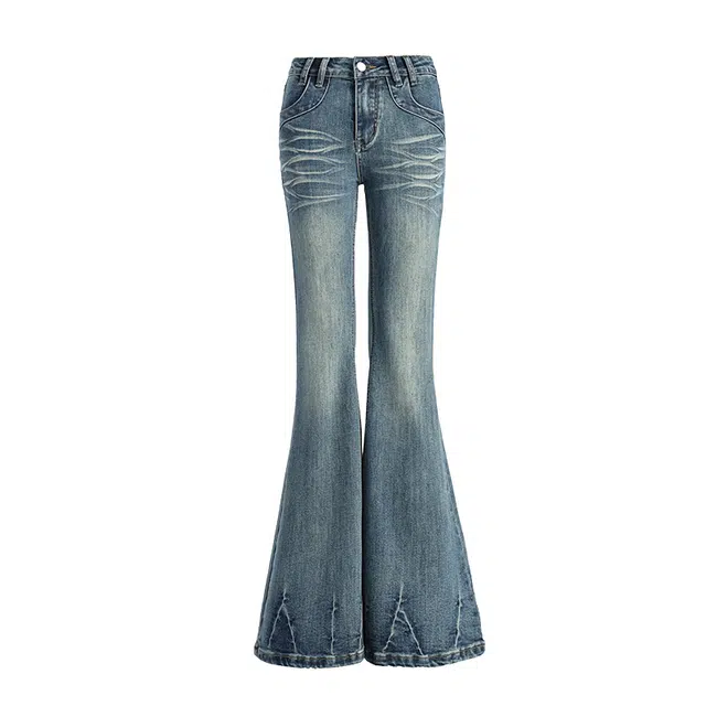 花蔓色 美式复古蓝水洗做旧高街风微喇叭春秋猫抓痕修身显瘦弹力拖地马蹄裤高个子牛仔裤  女款