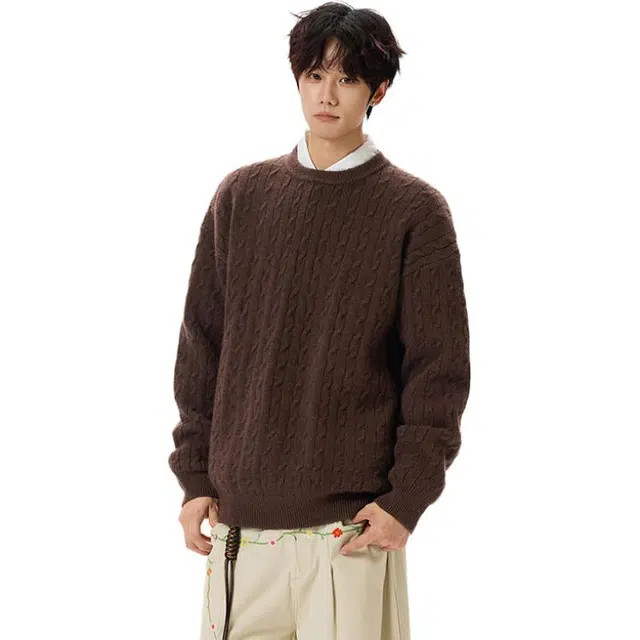 冈哉 纯色麻花美式复古慵懒风宽松圆领极简法式时尚文艺百搭长袖潮搭垂感氛围感少年感柔软舒适外穿针织衫  男女同款