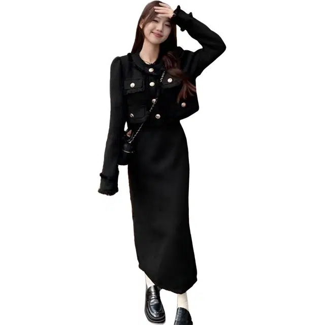 纤丝鸟 法式时尚气质小香风短外套高腰半身裙两件套裙装套装 女款