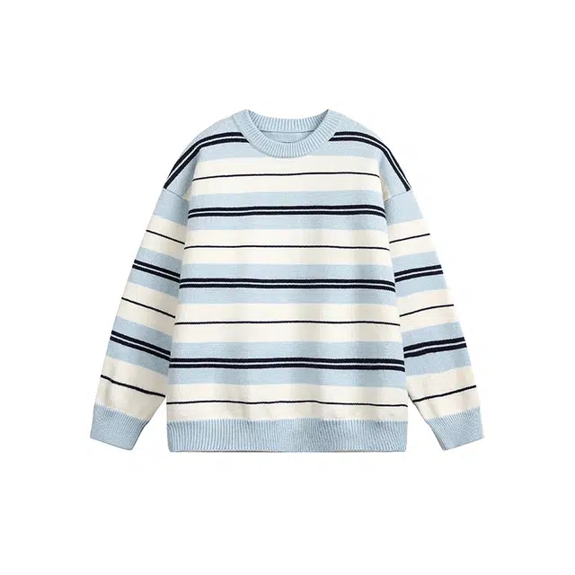 马员外 美式高街复古休闲撞色百搭嘻哈潮流条纹慵懒风长袖舒适圆领重磅开衫落肩日常通勤简约无性别主义针织衫 男女同款