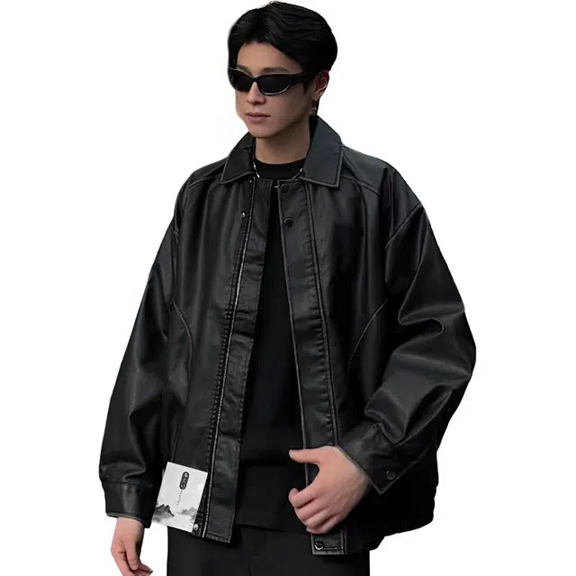 【美式复古工装机车皮衣】布客行 重磅面料拼接格纹细节打造高街感通勤小众设计水洗质感翻领宽松廓形痞帅休闲日常外套夹克 男女同款