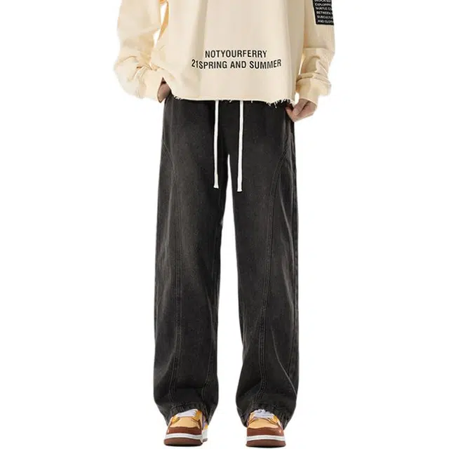 拓菲 拼接做旧工装裤子男秋季潮牌宽松直筒阔腿裤美式高街复古休闲长裤牛仔裤 男女同款