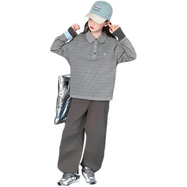 木木兔休闲运动套装 潮流时尚秋季男童女童衣服 条纹衫工装阔腿裤两件套 宽松百搭 舒适柔软 时髦洋气