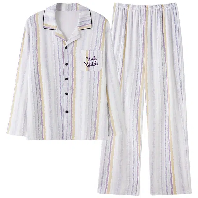 俏霓桐 简约彩色条纹时尚翻领纯棉柔软亲肤休闲长袖长裤家居服可外穿睡衣套装 男款
