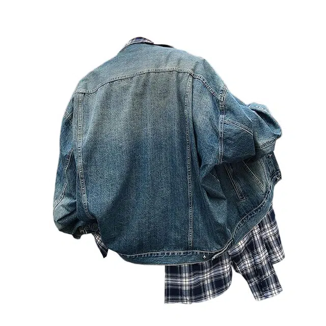 木林森 假两件美式高街复古拼接高级感混搭叠穿黑白格夹克时尚潮流百搭宽松休闲牛仔外套 男女同款