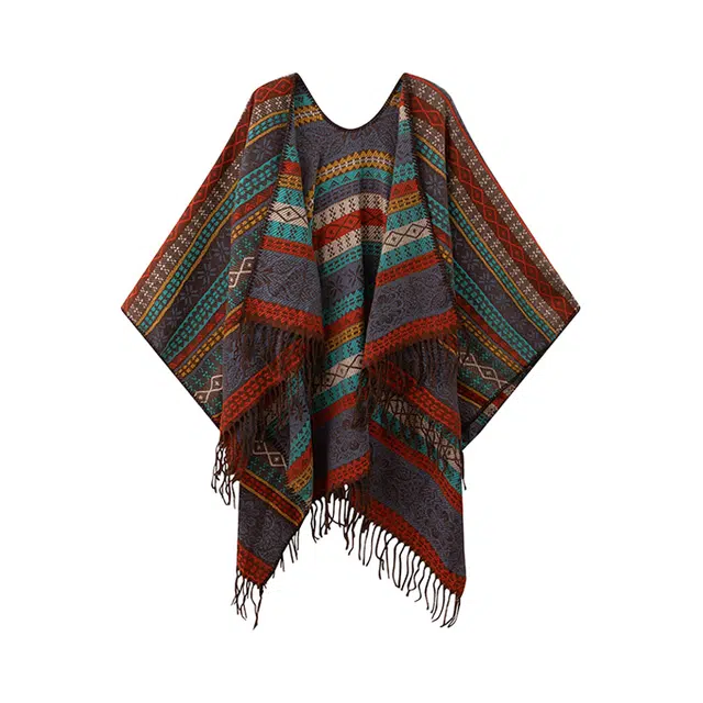 浪莎 外搭民族风流苏薄款条纹撞色百搭 聚酯纤维 披肩 女款