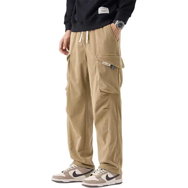 洋气先生 美式复古多色弹力松紧腰前后立体工装大口袋设计无性别主义微宽松小锥形直筒系带长裤子日常通勤户外徒步舒适百搭休闲裤 男女同款