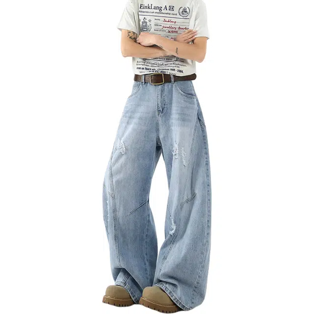 瑞梵帝斯 美式潮牌弯刀裤潮流解构拼接破洞高街设计感宽松廓形舒适百搭痞帅垂坠感休闲水洗做旧磨破工艺不规则直筒牛仔裤 男款