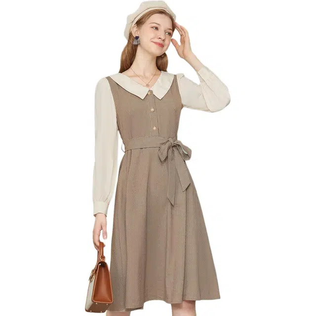 纤丝鸟 学院风格子娃娃领气质系带法式长袖连衣裙 女款