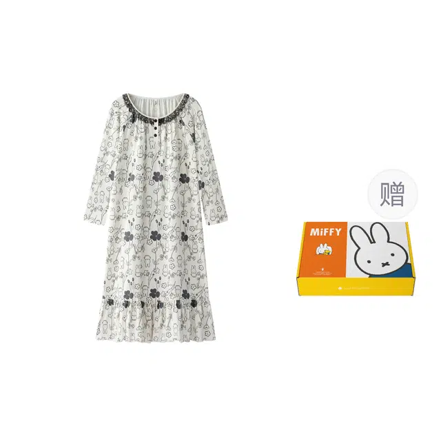 宫蝶 米菲纯棉抗菌长袖睡衣家居服卡通满印休闲可外穿长款睡裙 女款 礼盒装