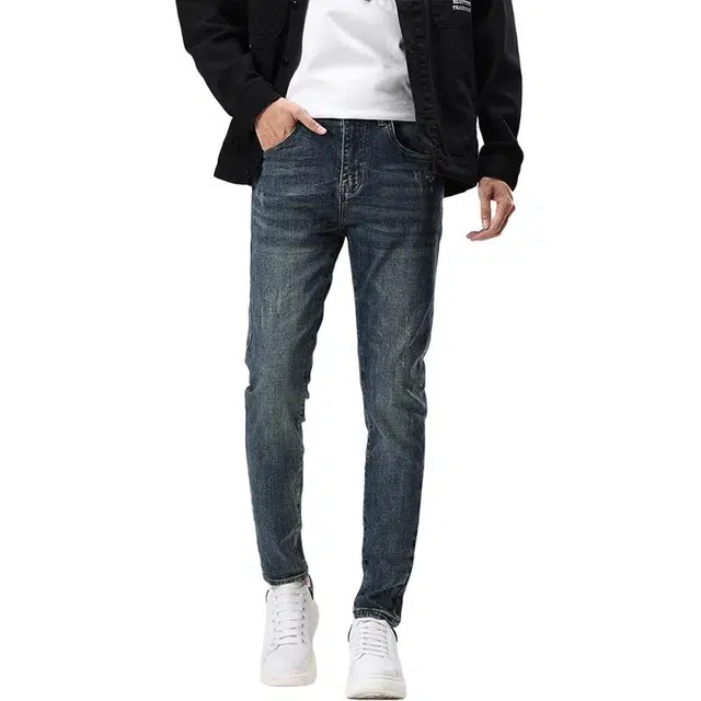 特斯型 简约潮牌做旧牛仔裤男韩版百搭修身小脚弹力休闲长裤 男款