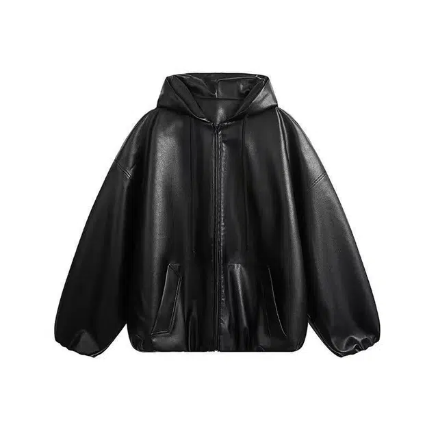 木木兔 美式复古连帽皮衣痞帅高级感外套机车服夹克 男款