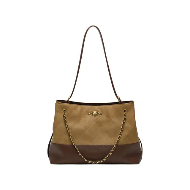 西木汀 小众品牌设计高级感通勤简约休闲百搭链条 牛皮 单肩包 常规 女款 栗影深棕/奶杏墨黑