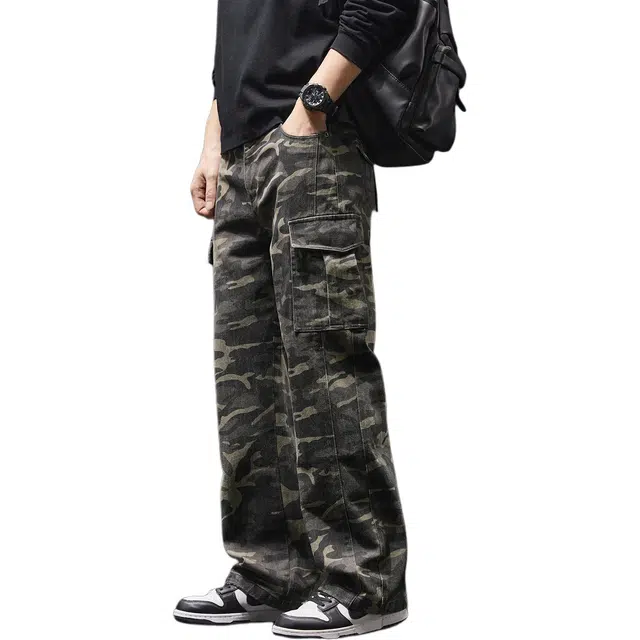 潮人榜 美式复古迷彩工装裤男款春秋款宽松显瘦直筒多口袋阔腿纯棉休闲裤 男女同款