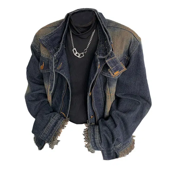 木林森 美式复古做旧高级设计感洗水小众短款痞帅潮流毛边垫肩立领宽松休闲牛仔外套 男女同款