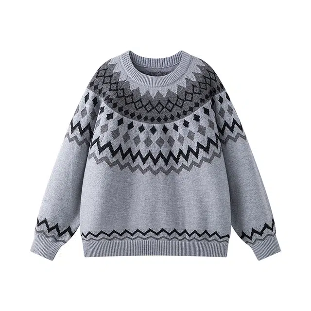 欧迪芬 时尚复古风设计感费尔岛提花个性几何图案潮流宽松透气亲肤舒适保暖户外休闲运动通勤百搭无性别穿搭圆领上衣长袖潮毛衣 男女同款