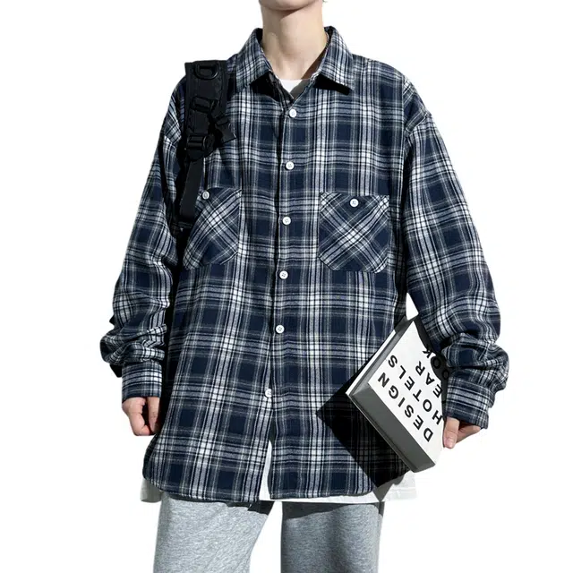 赛瀚 宽松痞帅格子衬衫长袖男款美式时尚休闲工装外套厚款百搭春秋舒适亲肤男装上衣显瘦显高青少年高街通勤外穿衬衣 男女同款