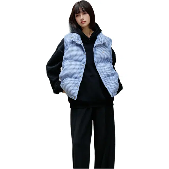 敲模女孩 美式学院风复古格纹立领设计感马甲外套棉服 女款