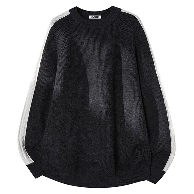 八哥 美式复古高街纯色拼接撞色舒适休闲百搭宽松设计感经典基础款亲肤柔软圆领套头慵懒针织衫 男女同款