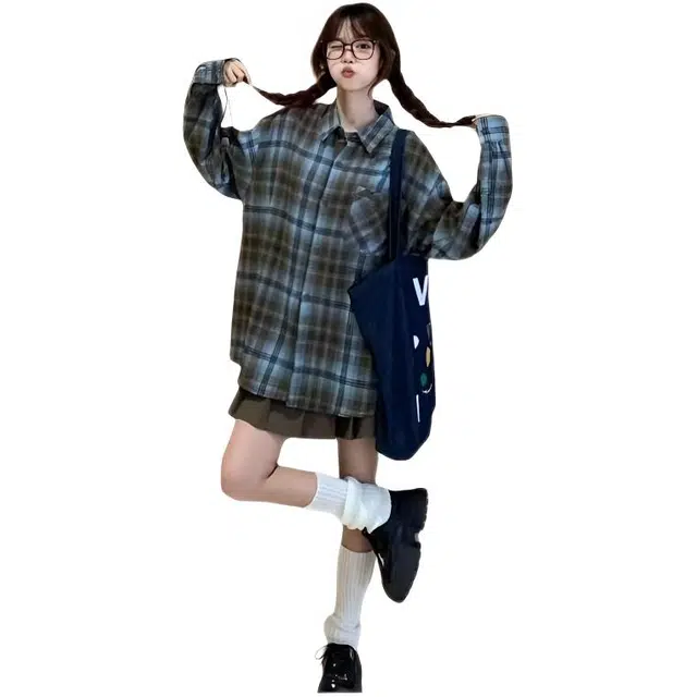 木木兔 潮流时尚  秋季外套  大码情侣装 休闲宽松 日常穿搭  美式小众复古  学生百搭衬衣衬衫  男女同款